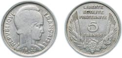 World Coins - France Third Republic 1933 5 Francs - Third Républic (Bazor) Nickel (160078050) 5.88g AU F 335 Gad 753 KM 887 Schön 202