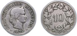 World Coins - Switzerland Federal State 1879 B 10 Rappen (Libertas; copper-nickel) Copper-nickel (75% copper, 25% nickel; non-magnetic) Bern Mint (1000000) 2.85g VF HMZ 2 1210 Divo/Tob19 314 KM