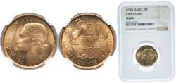 World Coins - France Fourth Republic 1950 B 20 Francs (signature "GEORGES GUIRAUD") Copper-aluminium (91% Copper, 9% Aluminium) Beaumont-le-Roger Mint 4g NGC MS 65 F 401 KM 916 Gad 864 Schön 22
