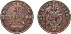 World Coins - Germany Kingdom of Prussia German states 1856 A 4 Pfenninge - Frederick William IV Copper Berlin Mint 6.03g XF  AKS 89 Olding FR 334, 346 KM 454, 454a Neum Pruss/Kön 34 v.Schr 4 1