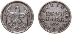 World Coins - Germany Germany - 1871-1948 Weimar Republic 1924 D 3 Mark Silver (.500) Munich Mint (3768686) 15g XF KM 43 AKS 30 J 312 Schön DM 35