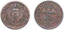 World Coins - Spain Kingdom 1853 1 Decima de Real - Isabel II Copper 4.05g VF KM 590 Cal 581
