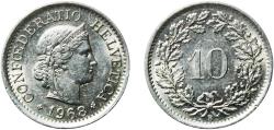 World Coins - Switzerland Federal State 1968 B 10 Rappen (Libertas; copper-nickel) Copper-nickel (75% copper, 25% nickel; non-magnetic) Bern Mint (14065000) 2.97g AU  HMZ 2 1210 Divo/Tob19 314