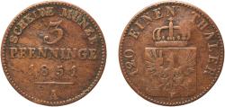 World Coins - Germany Kingdom of Prussia German states 1851 A 3 Pfenninge - Friedrich Wilhelm IV Copper Berlin Mint 4.31g  AKS 90 Old/Mue 2 335 Jaeg 9 Pr 52 KM 453 Neum 35 Schr 186-282