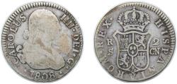 World Coins - Spain Kingdom 1808 S CN 2 Reales - Carlos IV Silver (.806) Seville Mint 5.64g VF  KM 430