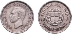 World Coins - Great Britain United Kingdom Kingdom 1941 3 Pence - George VI (incl. Colonial) Silver (.500) Royal Mint (Tower Hill) (7979400) 1.38g AU  KM 848 Sp 4085