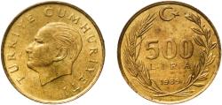 World Coins - Turkey Republic 1989 500 Lira Brass (70% Copper, 30% Zinc) Turkish State Mint (141813000) 6.01g UNC  KM 989 Schön 515