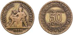 World Coins - France Third Republic 1922 50 Centimes (Chambers of Commerce) Copper-aluminium Paris Mint (86225994) 1.95g VF  Franc 2014 191 Gad 1789 421 KM 884 Schön 196 GEM 82.2 / 82.3