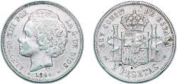 World Coins - Spain Kingdom 1894 *18-94 PGV 2 Pesetas - Alfonso XIII (2nd portrait) Silver (.835) Madrid Mint (279000) 9.88g XF KM 704 Cal 33