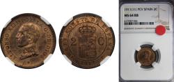 World Coins - Spain Kingdom 1911 PCV 2 Centimos - Alfonso XIII (5th portrait) Bronze (95% copper, 4% tin, 1% zinc) (2284000) 2g NGC MS 64 RB  KM 732 Cal 73