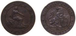 World Coins - Spain Provisional Government 1870 OM 1 Centimo - Provisional Government Bronze (95% copper, 4% tin, 1% zinc) Barcelona Mint (169890697) 1g XF KM 660 Cal 27