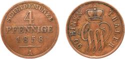 World Coins - Germany Principality of Schaumburg-Lippe German states 1858 A 4 Pfennige - George William Copper Berlin Mint (180000) 5.76g XF  AKS 13 Jaeg 7 NW 11 KM 42