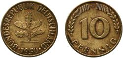 World Coins - Germany Federal Republic 1950 G 10 Pfennigs Brass clad steel (90% Iron, 10% Brass) Staatliche Münze Baden-Württemberg (309045000) 3.99g XF  KM 108 J 383 Schön 106