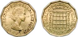 World Coins - Great Britain Kingdom 1964 3 Pence - Elizabeth II (1st portrait; without 'BRITT:OMN') Nickel brass (79% Cu, 20% Zn, 1% Ni) Royal Mint (Tower Hill) (44867200) 6.8g UNC KM 900 Sp 41