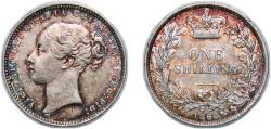 World Coins - Great Britain Kingdom 1868 1 Shilling - Victoria (1st portrait; 'Young Head') Silver (.925) (3330300) 5.6g UNC KM 734 Sp 3902-7