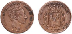 World Coins - Spain Kingdom 1879 OM 10 Centimos - Alfonso XII Bronze (95% copper, 4% tin, 1% zinc) Casa de la Moneda de Barcelona, La Seca (56313000) 8.42g XF KM 675 Cal 66