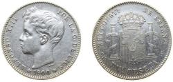 World Coins - Spain Kingdom 1900 *19-00 SMV 1 Peseta - Alfonso XIII (3rd portrait) Silver (.835) Madrid Mint (18650000) 5g XF KM706 Cal41