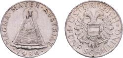 World Coins - Austria Federal State 1936 5 Schilling Original luster Silver (.835) Vienna Mint (1557000) 15.05g UNC  KM 2853 Schön 56