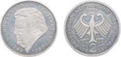 World Coins - Germany Federal Republic of Germany 1999 J 2 Deutsche Mark (Franz Josef Strauss) Copper-nickel clad nickel Hamburgische Münze Mint (70000) 7g UNC KM 175 J 450 Schön 174