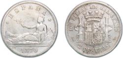 World Coins - Spain Provisional Government 1870 *18-70 SNM 2 Pesetas - Provisional Government Silver (.835) Madrid Mint (1503872) 9.75g VF  KM 654