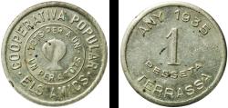 World Coins - Spain Second Republic 1935 1 Peseta - Cooperativa Popular Els Amics Nickel 5.28g AU  AL 143