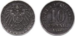 World Coins - Germany Germany - 1871-1948 Second Empire 1916 10 Pfennigs - Wilhelm II (type 2 - small shield; beaded border) Zinc clad iron (Iron sheradised with zinc) 3.64g XF KM 20 AKS 13 J 2