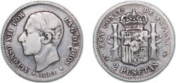 World Coins - Spain Kingdom 1881 MSM 2 Pesetas - Alfonso XII Silver (.835) Madrid Mint 9.81g VF KM 678 Cal 46