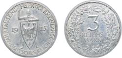 World Coins - Germany - 1871-1948 Weimar Republic 1925 A 3 Reichsmark (Rhineland) Silver (.500) (3052156) 14.97g AU KM 46 AKS 73 J 321