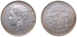 World Coins - Spain Kingdom 1899 *18-99 SGV 1 Peseta - Alfonso XIII (3rd portrait) Silver (.835) Madrid Mint (7472000) 5g AU KM706