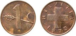 World Coins - Switzerland Federal State 1973 1 Rappen (wheat spike) Bronze (95% copper, 4% tin, 1% zinc) Bern Mint (3000000) 1.52g UNC  HMZ 2 1216 Divo/Tob19 328 KM 46 Schön 41 Y 54