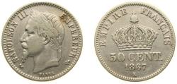 World Coins - France Second Empire 1867 K 50 Centimes - Napoleon III Silver (.835) Bordeaux Mint 2.5g XF F 188 Gad 417 KM 814.3