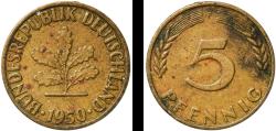 World Coins - Germany Federal Republic 1950 F 5 Pfennigs Brass clad steel (90% Iron, 10% Brass) Stuttgart Mint (362880000) 2.91g XF  KM 107 J 382 Schön 105
