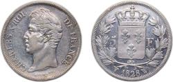 World Coins - France Kingdom 1828 W 5 Francs - Charles X (2nd type) Silver (.900) Lille Mint (9606941) 25g AU F311 Gad644 KM728.13