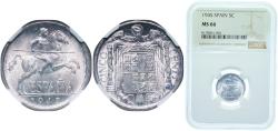 World Coins - Spain Nationalist Government 1945 5 Centimos Aluminium (97.5% aluminium, 2.5% copper) Royal Mint of Spain (221500000) 1.2g NGC MS 66  KM 765 Cal 133 Schön 23