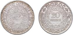 World Coins - Morocco 1933(AH1352) 20 Francs - Mohammed V Silver (.680) (2000000) 19.89g AU Y 39