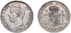 World Coins - Spain Kingdom 1871 *18-74 DEM 5 Pesetas - Amadeo I Silver (.900) Madrid Mint (5075000) 25g VF KM 666 Cal 5