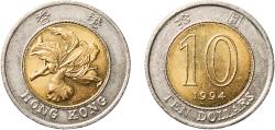 World Coins - China Hong Kong British colony 1994 10 Dollars Bimetallic: nickel brass centre in copper-nickel ring 11.03g AU  KM 70 Schön 56