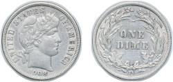 Us Coins - United States Federal republic 1908 D 1 Dime "Barber Dime" Silver (.900) (.100 copper) Denver Mint (7490000) 2.5g AU KM 113 Schön 120