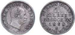 World Coins - Germany Kingdom of Prussia German states 1866 B 1 Silbergroschen - William I Billon (.220 silver) 2.11g XF AKS 103 Olding FR 415, 418, 421 Jaeg 9 Pr 89 KM 485 Neum 14