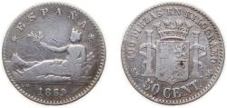 World Coins - Spain Provisional Government 1869 *6-9 SNM 50 Centimos Silver (.835) Madrid Mint (452726) 2.5g VF KM651