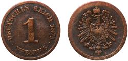 World Coins - Germany Second Empire 1875 A 1 Pfennig - Wilhelm I (type 1 - large shield) Copper (95% copper, 40% tin, 10% zinc) Berlin Mint (64668670) 1.93g VF  KM 1 AKS 20 J 1 Schön 1 Neum 35