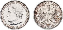 World Coins - Germany Federal Republic 1957 J 5 Deutsche Mark (Joseph von Eichendorff) Silver (.625) Hamburg Mint (198000) 11.2g AU  KM 117 J 391 Schön 114