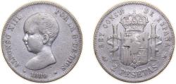 World Coins - Spain Kingdom 1889 MPM 2 Pesetas - Alfonso XIII (1st portrait) Silver (.835) Madrid Mint (559000) 10g VF KM692