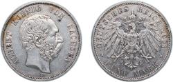 World Coins - Germany Kingdom of Saxony (Albertinian Line) German states 1901 E 5 Mark - Albert Silver (.900) (156450) 27.65g XF KM 1246 J 125 Dav GT III 901
