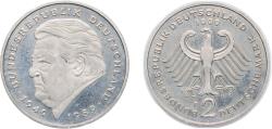 World Coins - Germany Federal Republic of Germany 1999 F 2 Deutsche Mark (Franz Josef Strauss) Copper-nickel clad nickel Staatliche Münze Baden-Württemberg Mint (70000) 7g UNC KM 175 J 450 Schö