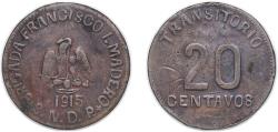 World Coins - Puebla, State of State of Aguascalientes 1915 20 Centavos (Chiconcuatla) Copper 9g VF KM 758