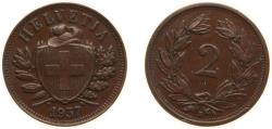 World Coins - Switzerland Federal State 1937 B 2 Rappen (Wreath; bronze; heavy type) Bronze (95% copper, 4% tin, 1% zinc) Bern Mint (1200000) 3g AU HMZ 2 1213 Divo/Tob19 323 KM 4.2a Schön 16 Y