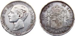 World Coins - Spain Kingdom Alfonso XII 1881 *18-81 MSM 5 Pesetas 2nd portrait