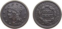 Us Coins - United States Federal republic 1845 1 Cent "Liberty Head/Braided Hair Cent" Copper Philadelphia mint (3894804) 10.89g AU KM67