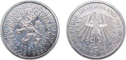 World Coins - Germany Federal Republic of Germany 1986 D 5 Deutsche Mark (Universität Heidelberg) Copper-nickel clad nickel Munich Mint (8000000) 10g PF KM 164 J 439 Schön 163